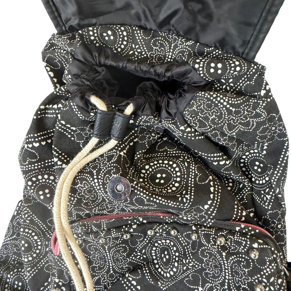 Candie's Canvas Drawstring Backpack Black Floral Dotted Purse Studded Accent - Picture 5 of 7